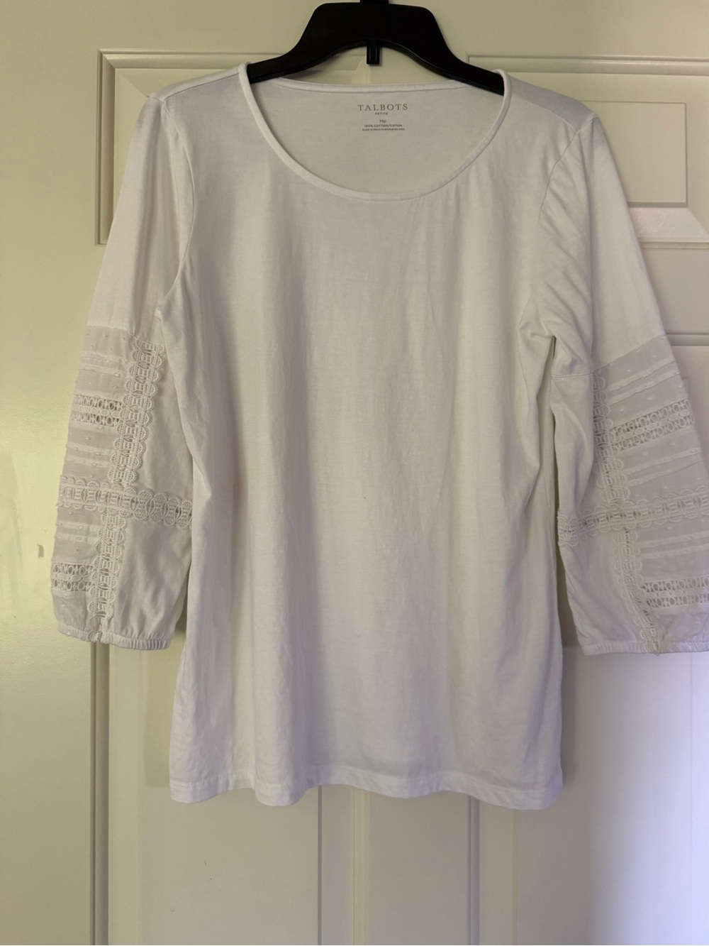 Talbots White Cotton Top with Lace-Detail 3/4 Sleeves